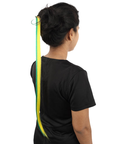 HPO Women's Brazilian Clip-in Hair Extension | Sleek straight green and yellow synthetic fibers featuring a secure snap attachment | Ideal for party, Halloween, cosplay, theater, drag, performance, costume events
