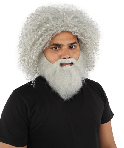 HPO Men's Wild Caveman Orange Wig Beard & Mustache Set | Massive Frizzy Orange Afro and Full Beard Set with Messy Texture | Prehistoric Costume, Viking Cosplay, Halloween, and Funny Party Props