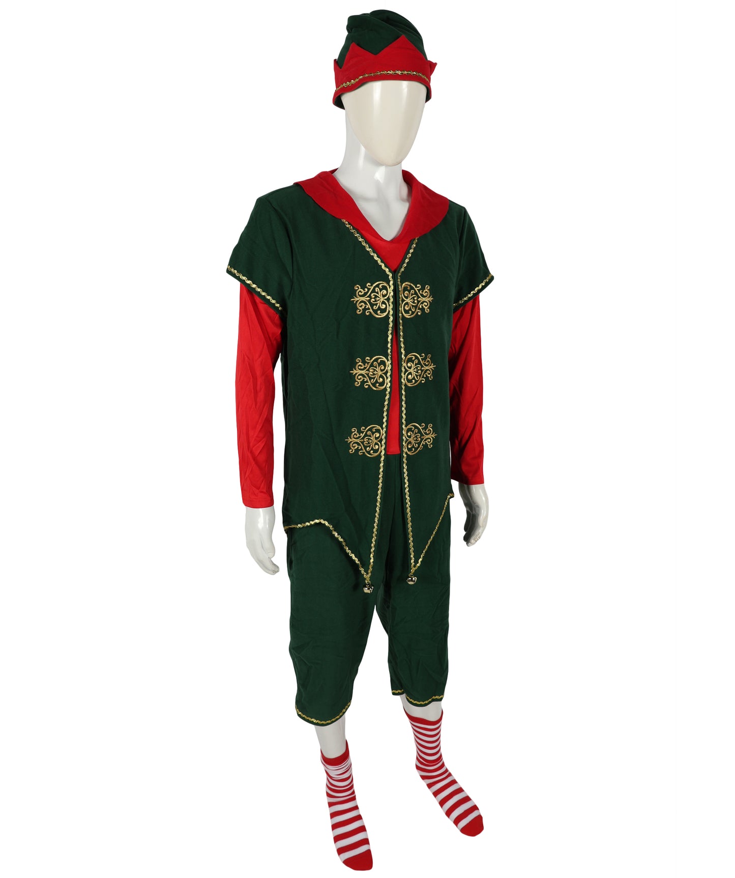 HPO Adult Men’s Deluxe Christmas Elf Costume | Festive Green & Red Tunic | Santa’s Helper Outfit for Holiday Parties & Parades