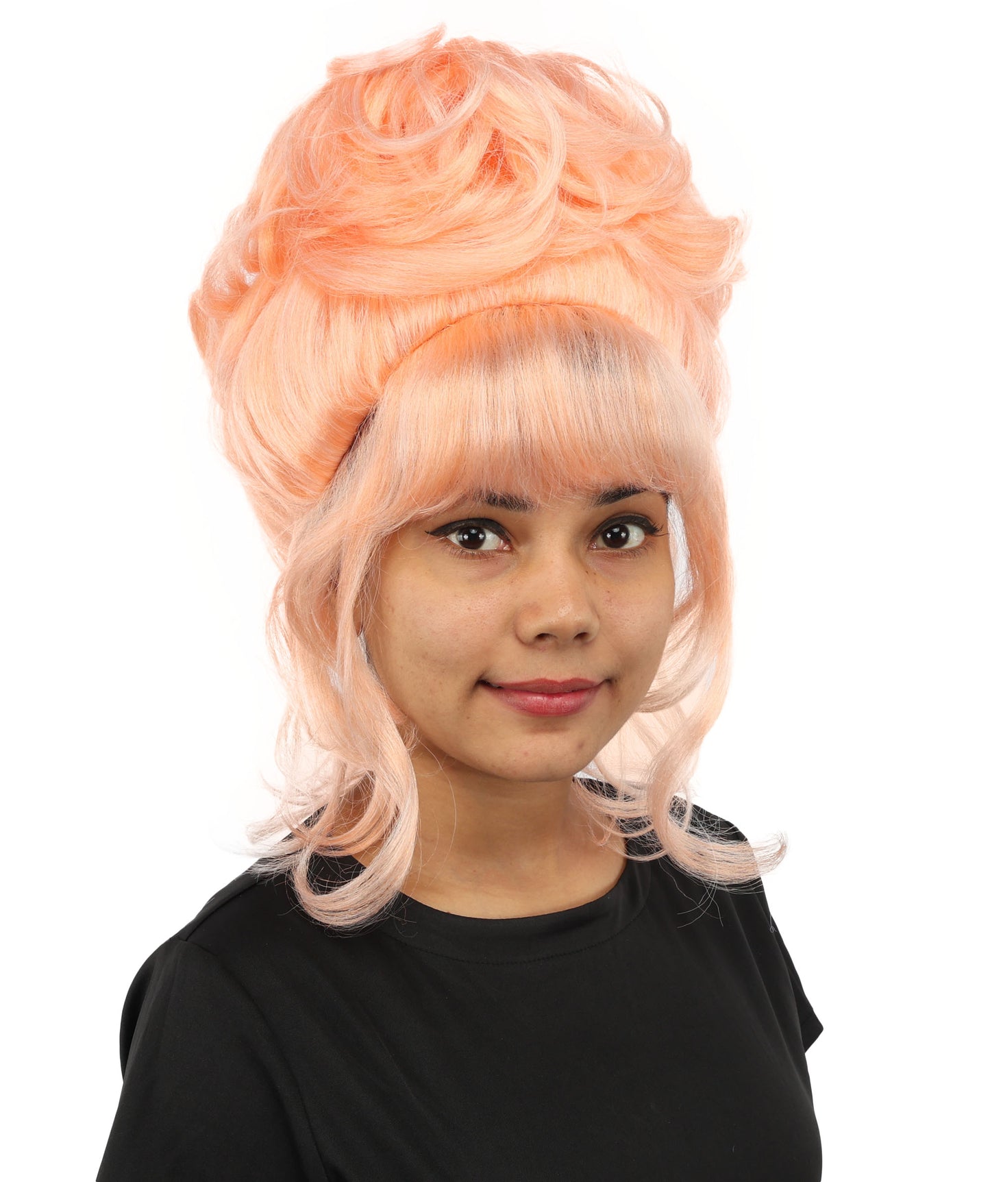 HPO Women's Elegant Updo Tendril Pink Wig | Pastel peach hue, create of synthetic fiber, high teased volume with face-framing strands, breathable capless cap | Party, Halloween, theater, drag, performance, costume events
