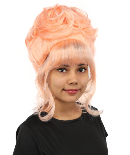 HPO Women's Elegant Updo Tendril Pink Wig | Pastel peach hue, create of synthetic fiber, high teased volume with face-framing strands, breathable capless cap | Party, Halloween, theater, drag, performance, costume events