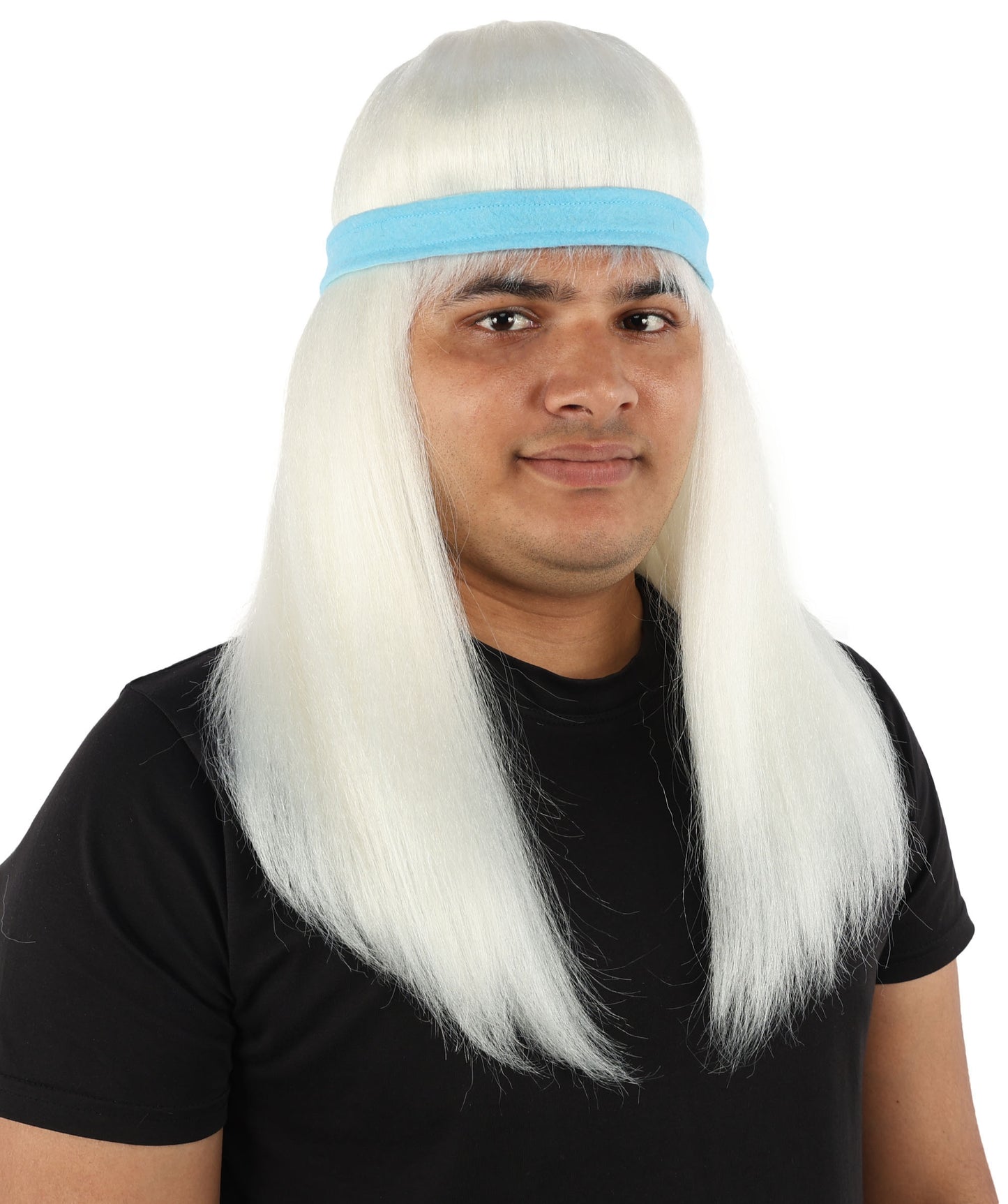 HPO Men's Long Auburn Wig with Headband | Straight Reddish Texture with Blunt Bangs & Included Teal Band, Heat Resistant Fiber | Halloween, Troll Roleplay, Fantasy Party, Carnival & Theater