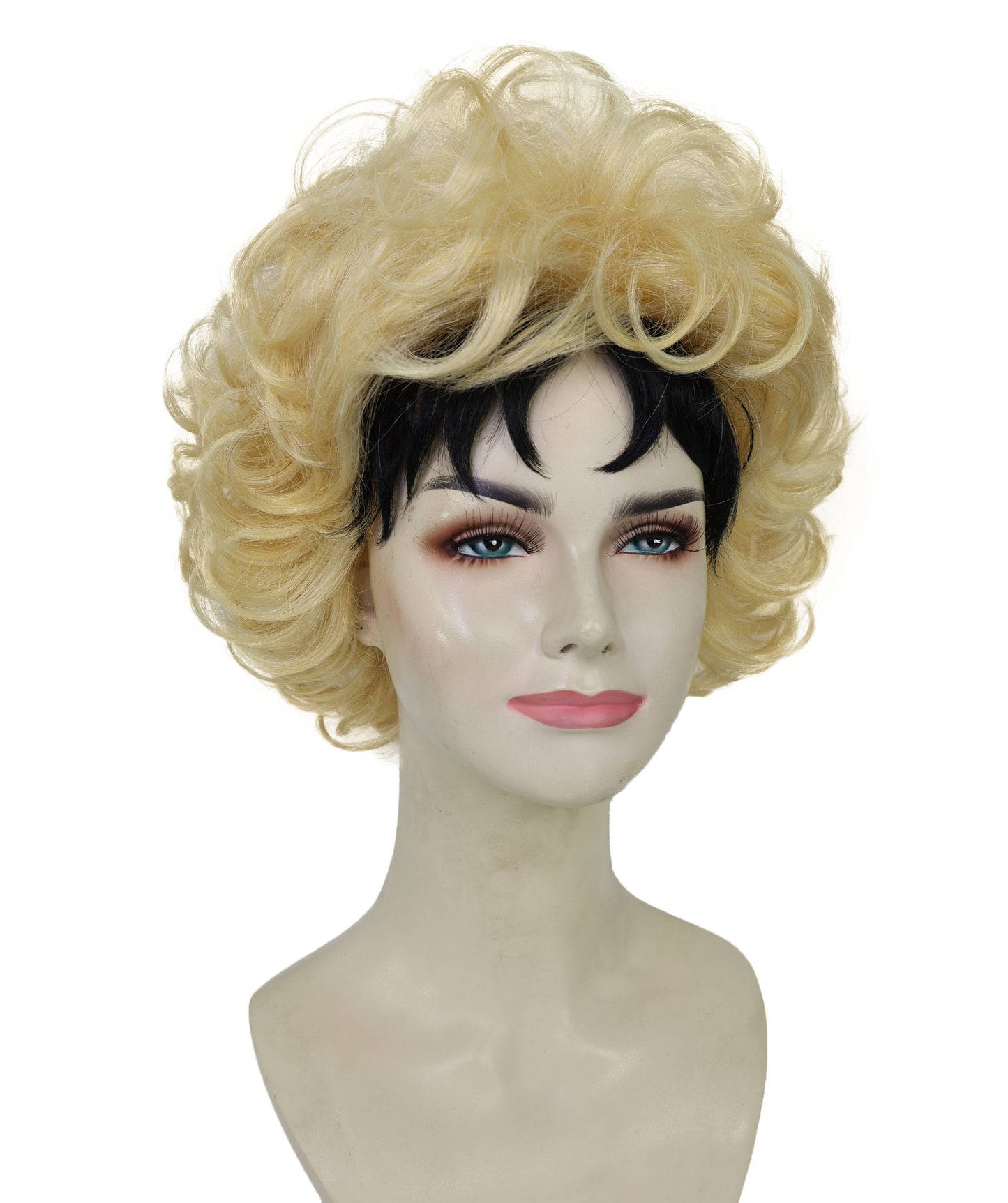 HPO Adult Women’s Golden Blonde Curly Wig with Dark Roots | High-Fashion Editorial Style | Ideal for Halloween | Breathable Capless Cap