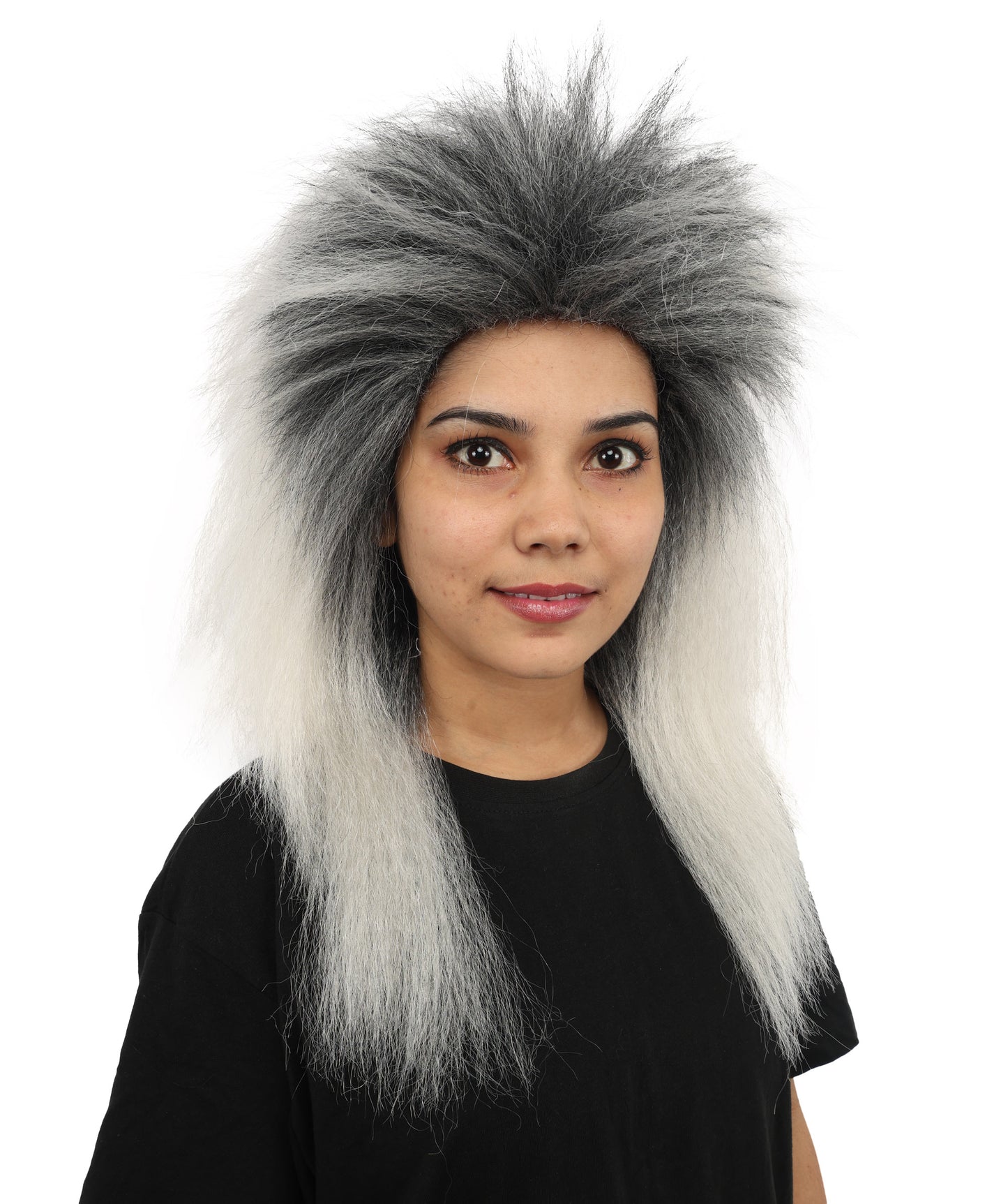HPO Women's Heavy Metal Undead Black & Grey Wig | Messy Grayish-White Hairpiece with Distressed Texture | Adjustable Cap for Halloween, Cosplay, Stage & Parties