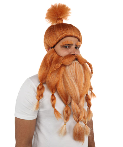 HPO Golden Brown Warrior Wig Beard Mustache Set with Eyeborws for Adults | Synthetic fiber Accessory Set with Capless Cap | Ideal for Halloween , Cosplay and any event