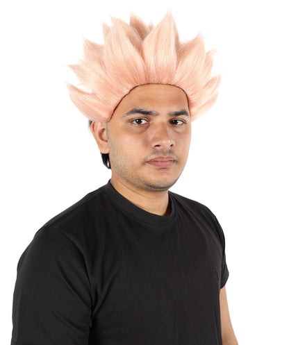 Anime-Inspired Spiky Wig | Black with Coral Mixed Streaks | Short Layered Hairstyle with Adjustable Cap for Halloween, Carnival & Parties