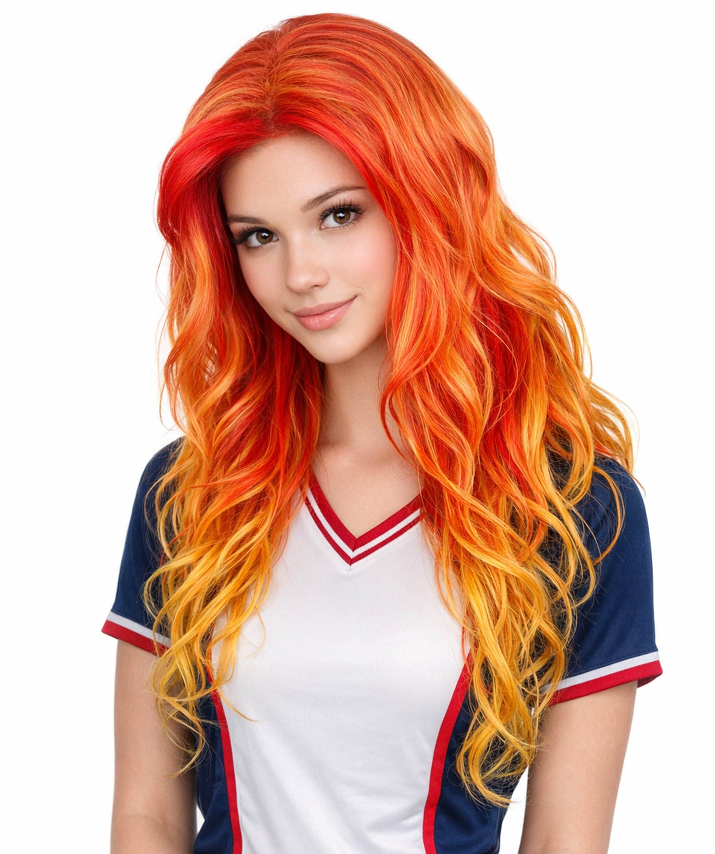 Women's Red and Yellow Color Wavy Long Length Trendy Flaming Beauty Wig