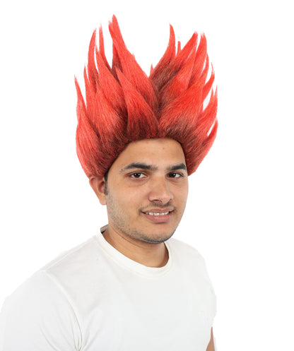HPO Adult Men's Flame-Style Cosplay Wig | Fiery Red and Brown Spiky Hairstyle | Synthetic Wig for Halloween, Cosplay, Stage & Roleplay