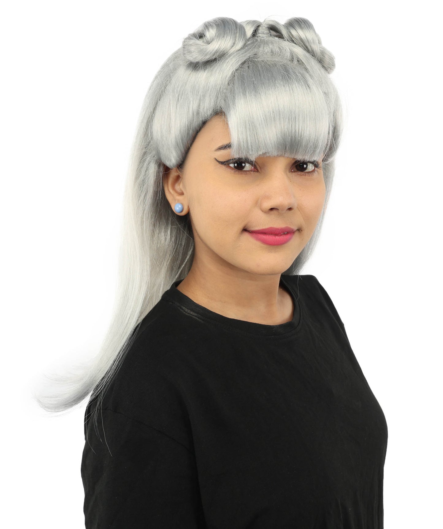 HPO Women's Brown & Pink Half Updo Bangs Wig | Create of synthetic fiber, blunt fringe with top bow, breathable base | Party, Halloween, theater, drag, performance, costume events