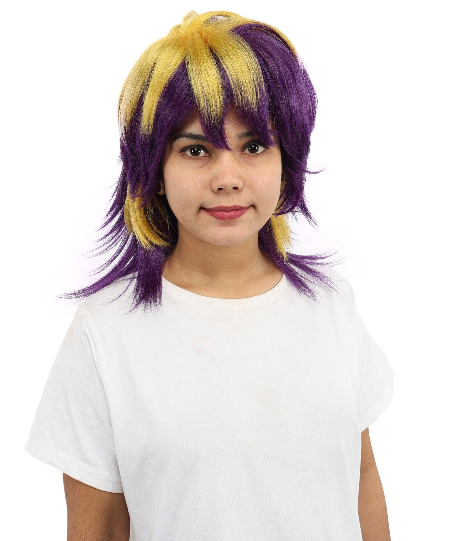 HPO Women’s Layered Purple & Yellow Spiky Anime Wig – 17 Inch Two-Tone Synthetic Hair with Capless Cap Design | Ideal for Roleplay, Cosplay Events & Themed Parties