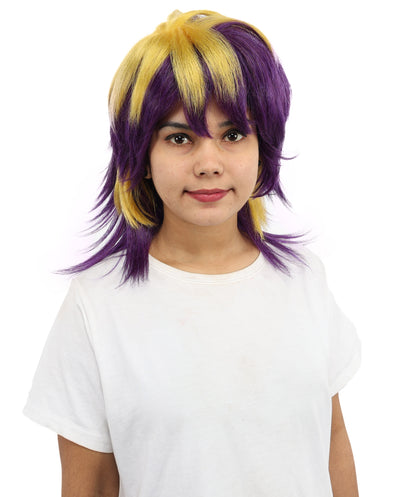 HPO Women’s Layered Purple & Yellow Spiky Anime Wig – 17 Inch Two-Tone Synthetic Hair with Capless Cap Design | Ideal for Roleplay, Cosplay Events & Themed Parties