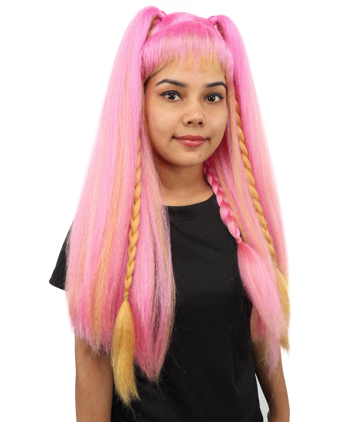 HPO Women's Pastel Candy Fantasy Wig | Pink and yellow gradient hues, create of synthetic fiber, long crimped texture with blunt bangs, breathable base | Party, Halloween, theater, drag, performance, costume events