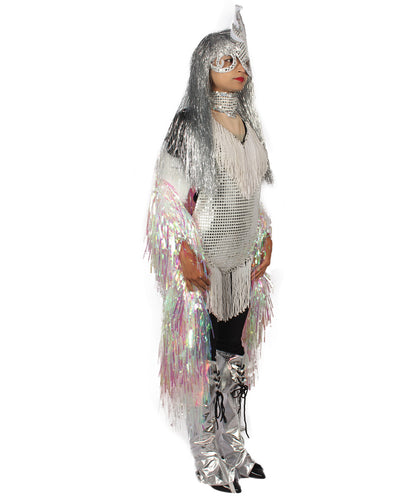 HPO Unisex Silver Holographic Long Tinsel Jacket Costume Bundle with Silver Tinsel Wig