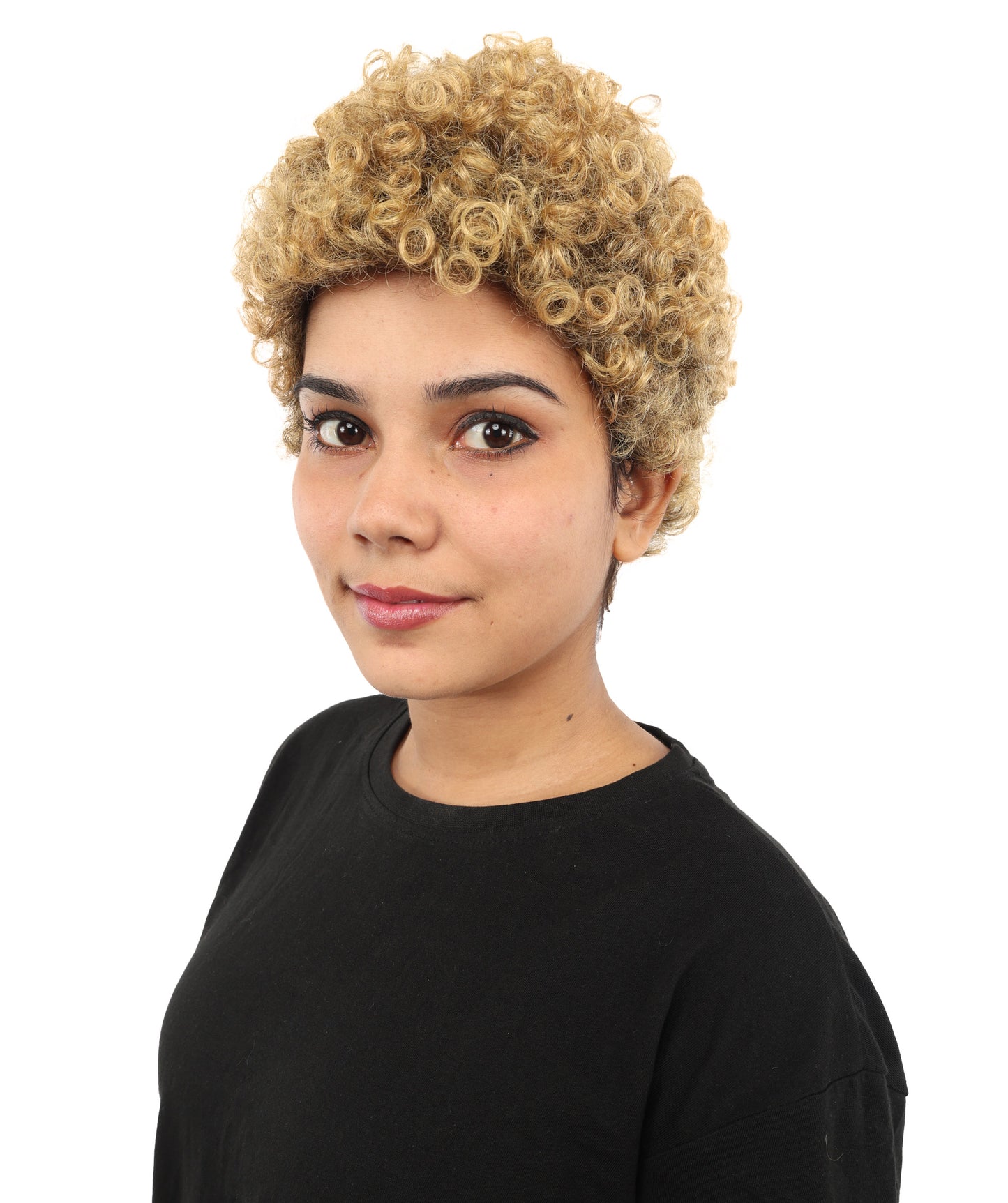HPO Women's Barbadian Singer-Inspired Wig | Short Curly Golden Hairstyle with Side Part | Synthetic Fiber Hairpiece for Cosplay, Halloween, Parties & Stage