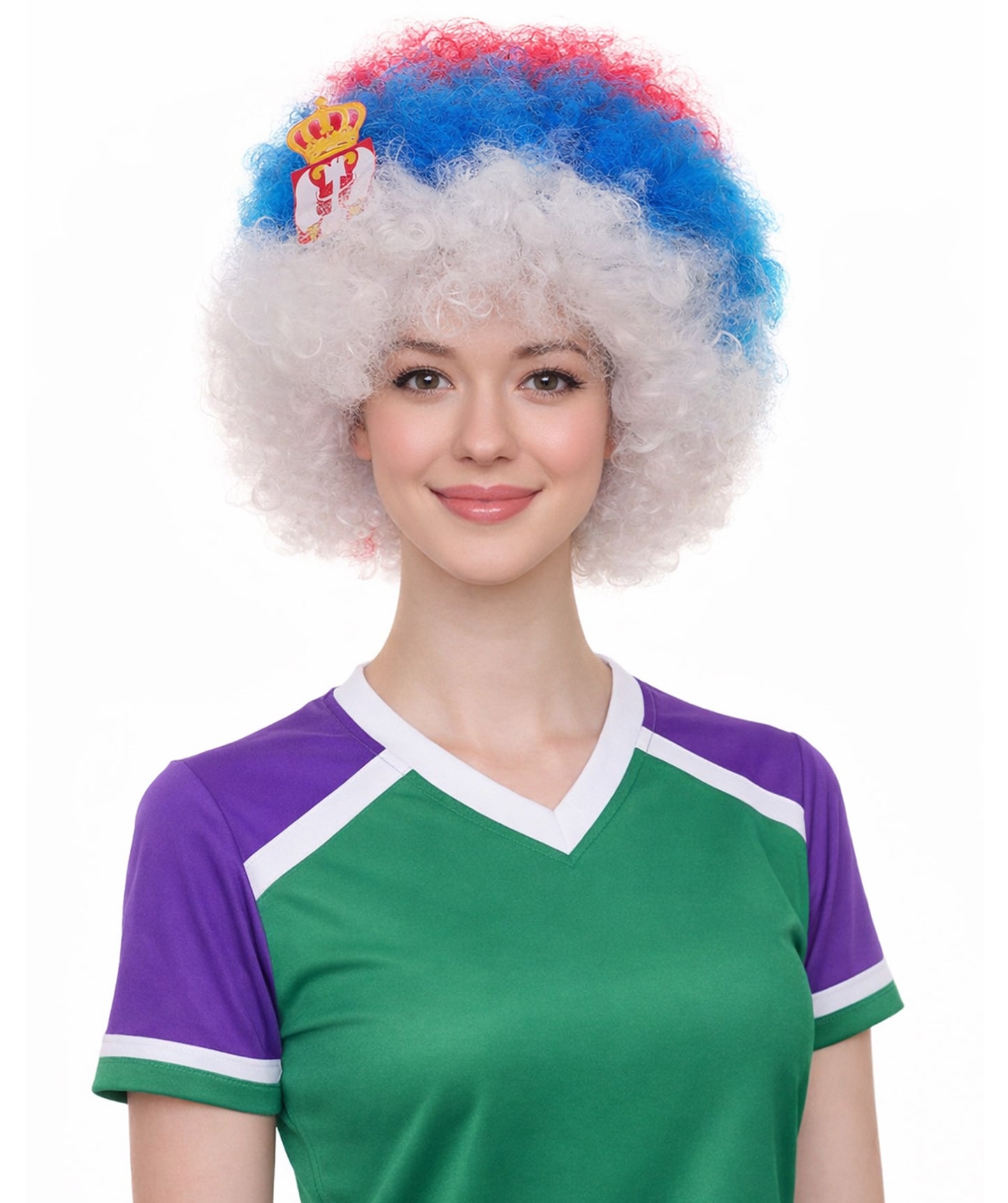 Serbia Flag Sport Afro Wig | Jumbo Super Size White Blue Red Wig