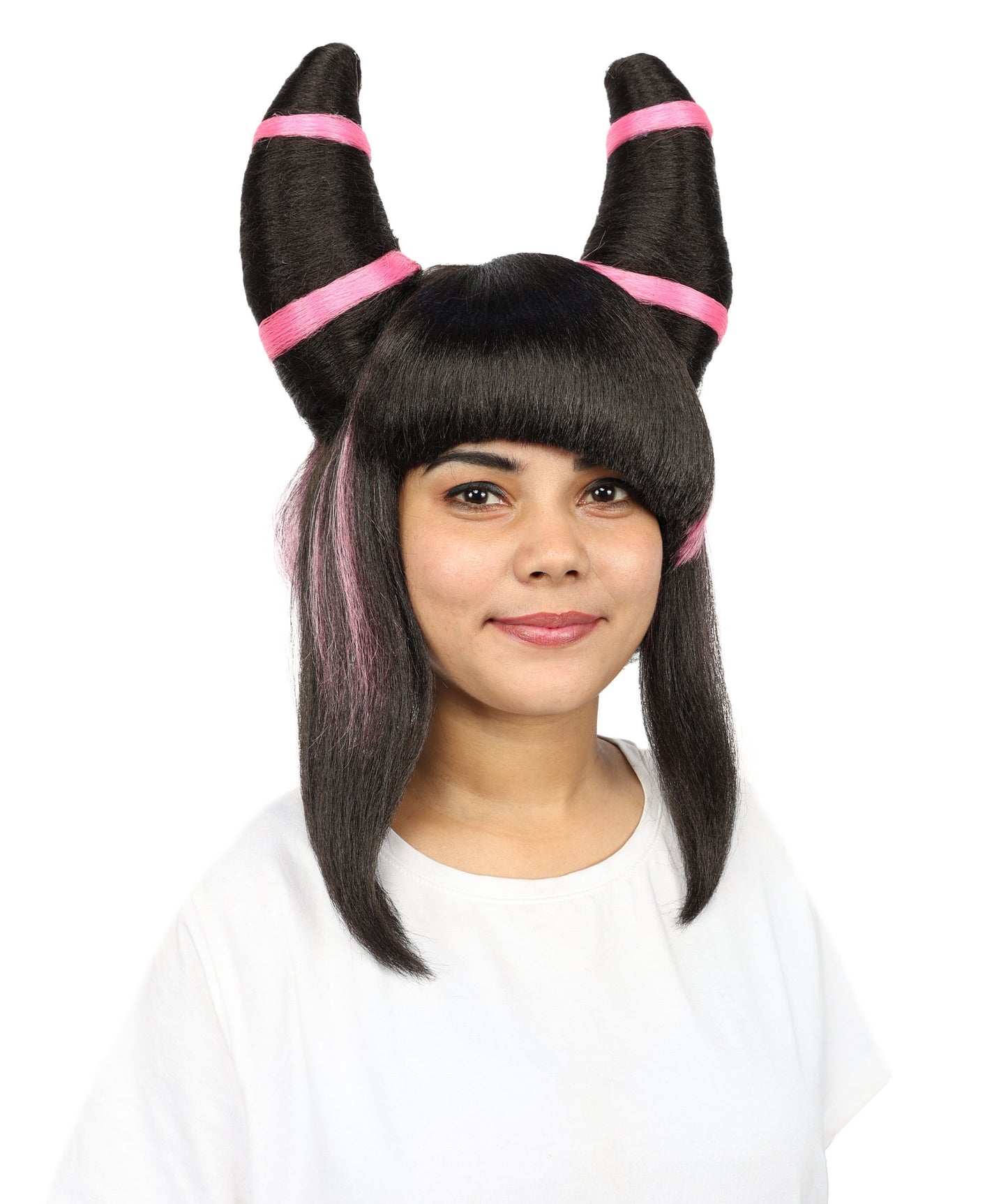 HPO Women’s Twin Bun Cosplay Wig | Black With Pink Spiky Hairpiece with Styled Double Buns | Synthetic Fibers with Adjustable Cap for Parties & Stage