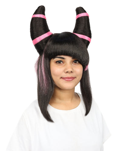 HPO Women’s Twin Bun Cosplay Wig | Black With Pink Spiky Hairpiece with Styled Double Buns | Synthetic Fibers with Adjustable Cap for Parties & Stage
