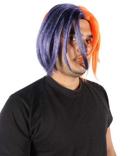 HPO Men's 12 Inch Short Orange and Dark Blue Straight Wig | Flame-Resistant Capless Hairpiece | Lightweight Capless Design for Halloween and Party