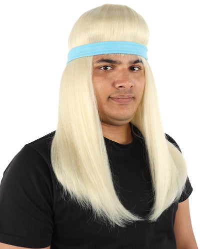 HPO Men's Long Auburn Wig with Headband | Straight Reddish Texture with Blunt Bangs & Included Teal Band, Heat Resistant Fiber | Halloween, Troll Roleplay, Fantasy Party, Carnival & Theater