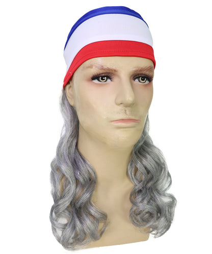 USA Flag Mullet Headband Wig for Men | Red White Blue Hair with Built-In Stretch Band | Funny Costume Accessory for Parties, BBQs, Tailgates