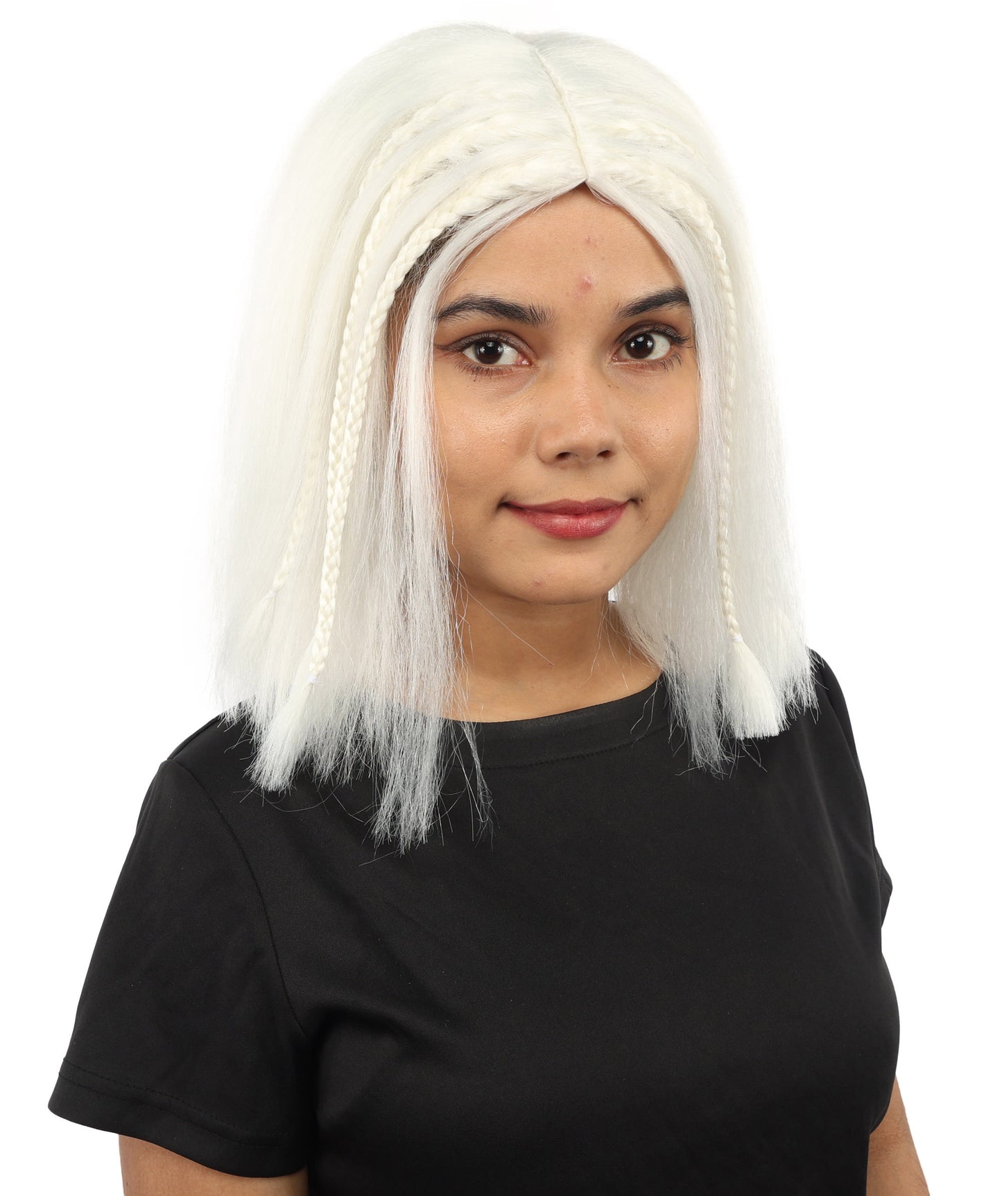 HPO Celebrity-Style 11 Inch Green Rooted Blonde Front Braided Straight Wig | Shoulder-Length Fun, Bold, and Stylish Hairpiece  | Ideal for Halloween, Cosplay, and Themed Parties