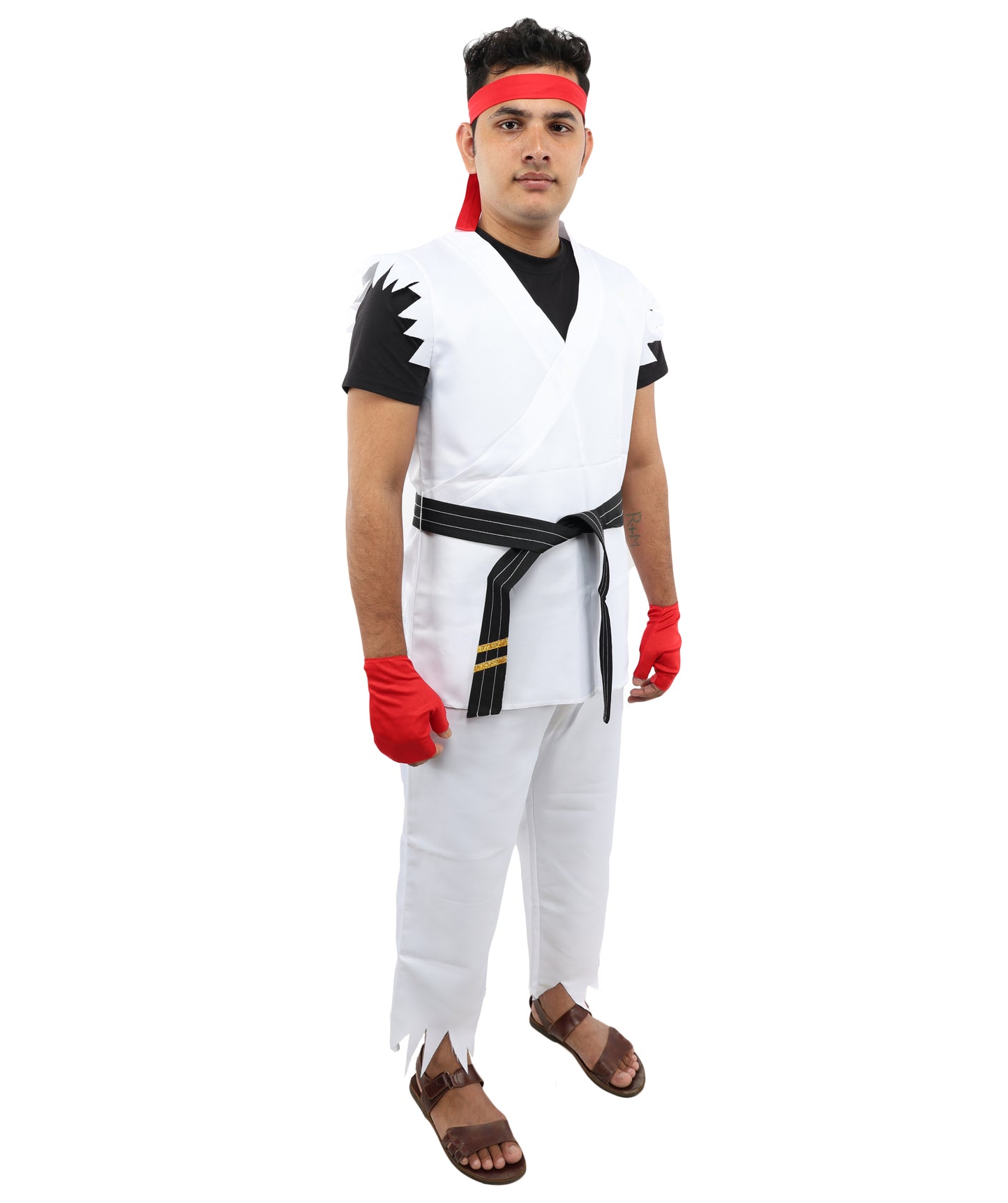 HPO Men's Martial Arts Fighter Outfit | White GI Costume with Body, Pant, Belt, Gloves, Headband | Video Game Fighter costume For Cosplay & Themed Battle Events