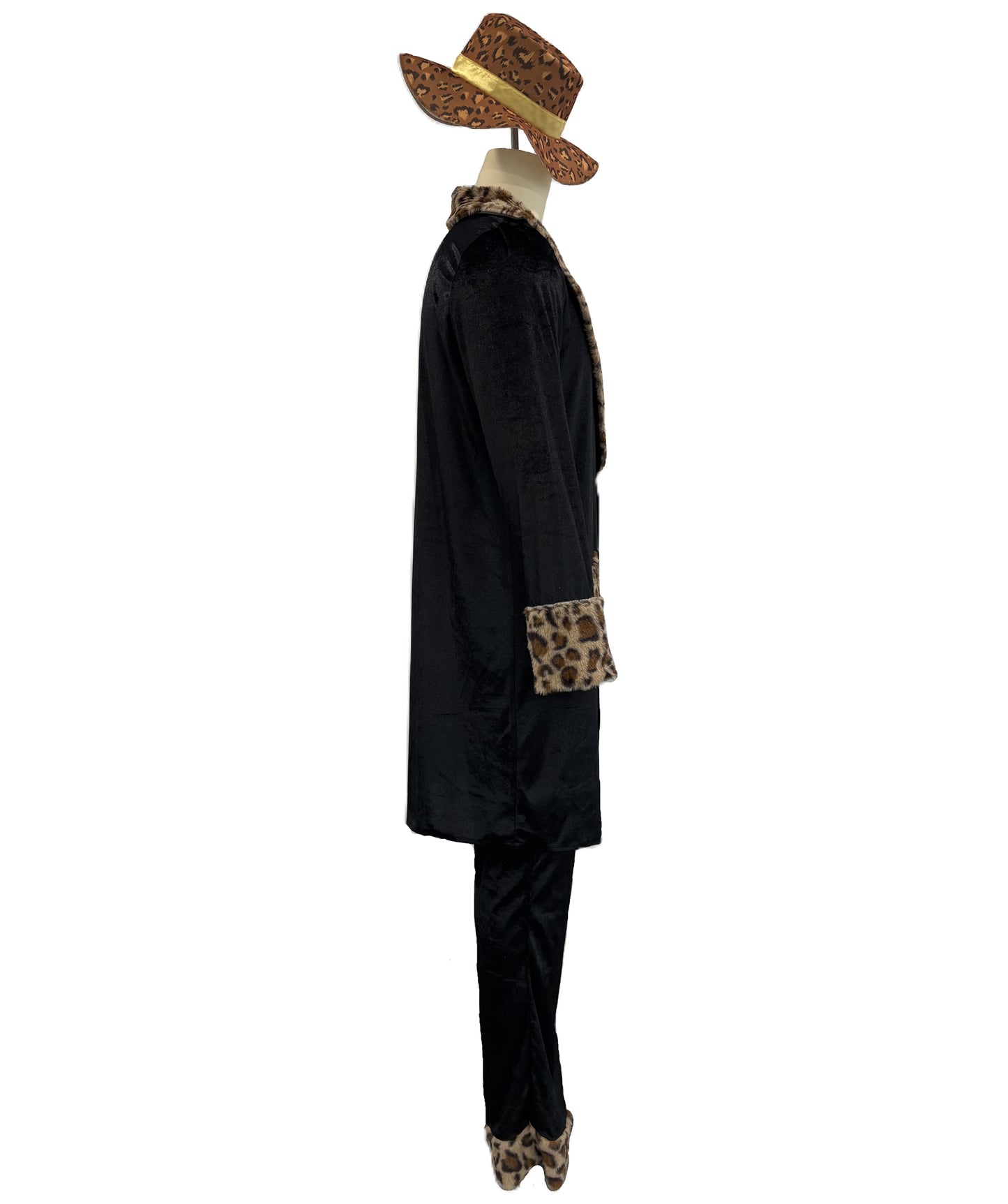 HPO Men's Fur Trim Costume Set | Sleek black construction featuring a long coat and pants with leopard fur trim and matching hat | Ideal for party, Halloween, cosplay, theater, drag, performance, costume events