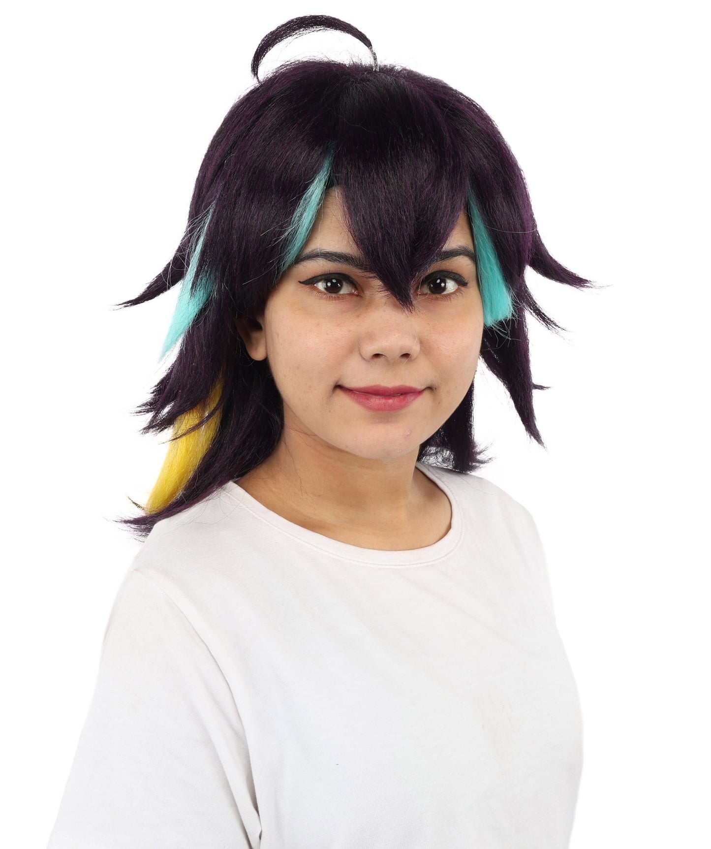 HPO Women's Medium Spiky Multicolor Color Wig | Dark Navy Synthetic Hair with Green Bangs and Amber Streaks | Halloween Roleplay and Video Game Character Style