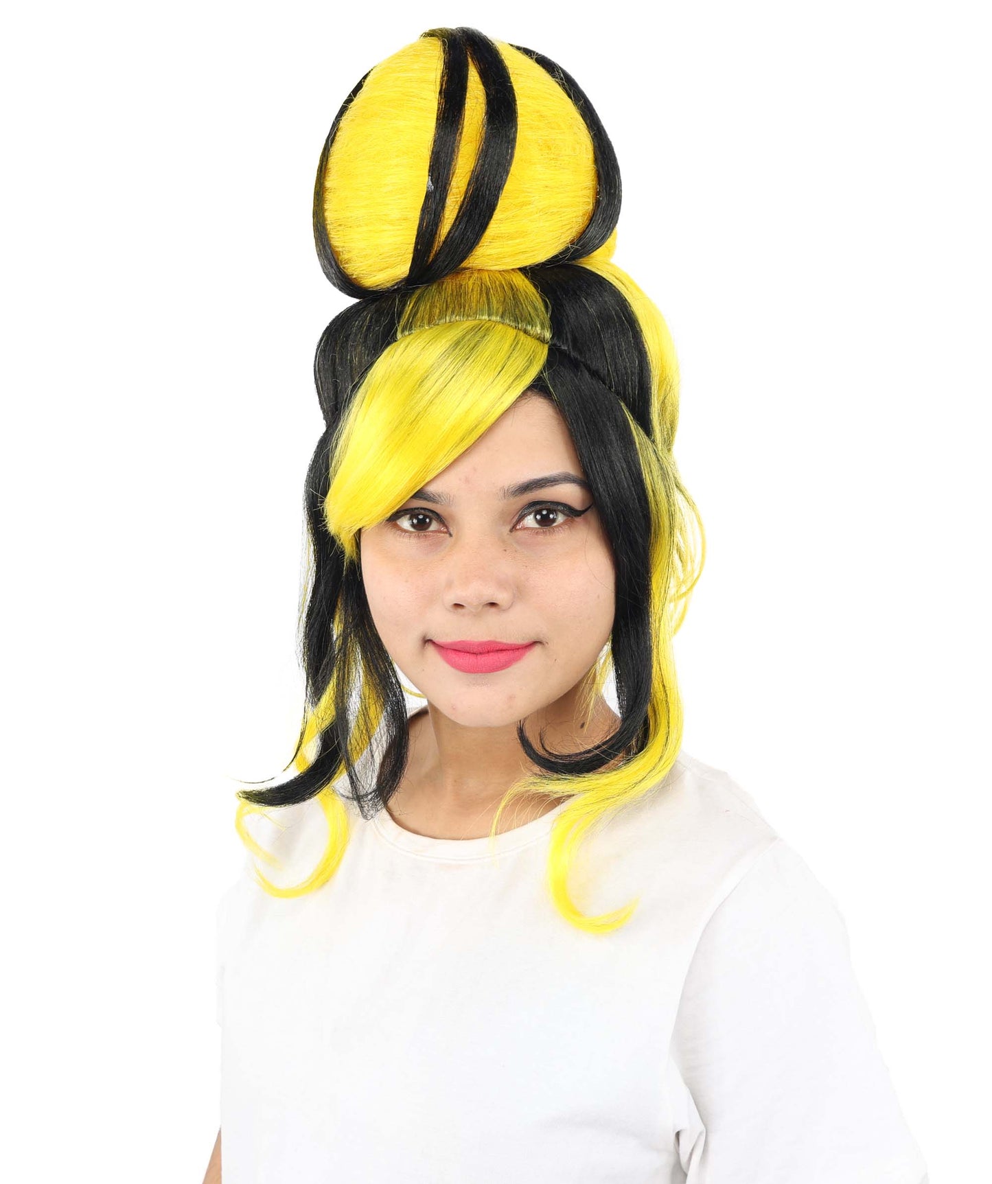 HPO Women's Two Tone High Bun Wig | Black and yellow synthetic fibers with tall structural top knot sweeping side bangs and capless base | Essential for theatrical stage drag performance costume events and party