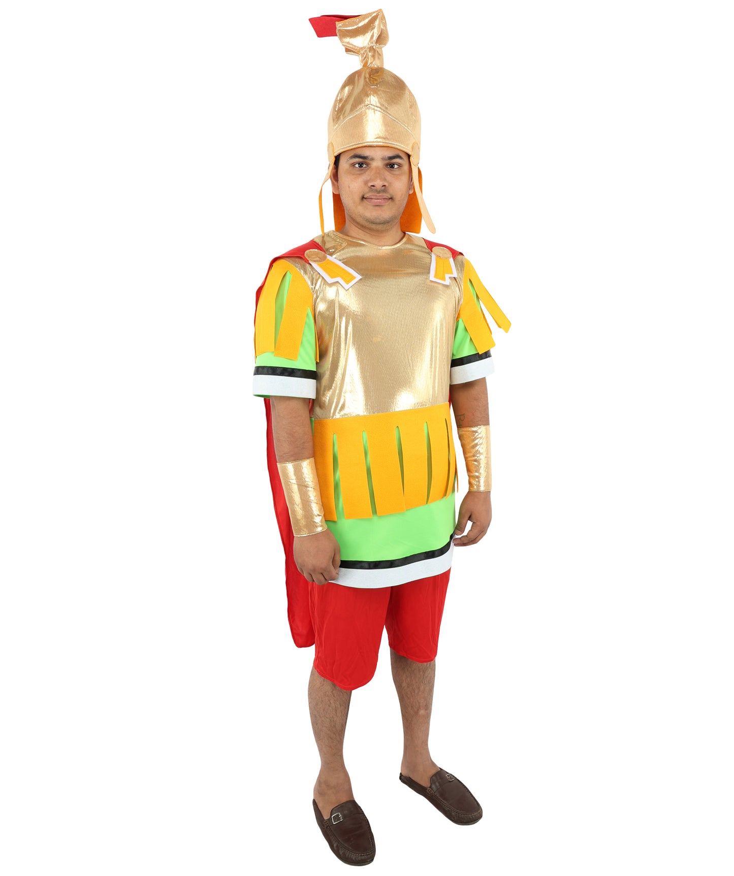 HPO Men's Roman Gladiator Multicolor Costume | Imperial Soldier Metallic Gold Breastplate Cape Tunic Pleated Pteruges Skirt | Halloween Cosplay Theater Drag Performance Costume Events