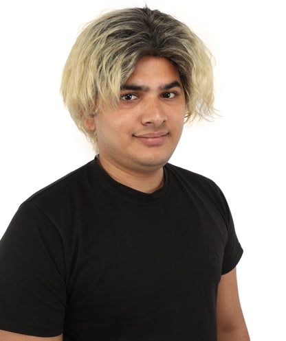 HPO Men's Messy Wavy Shag Black & Grey Wig | Two-tone rooted hue, create of synthetic fiber, relaxed tousled volume, breathable base | Party, Halloween, theater, drag, performance, costume events
