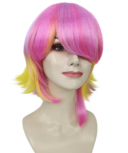 HPO Adult Women’s Pastel Pink and Yellow Gradient Short Layered Bob Cut Wig | Flame-retardant Synthetic Fiber | Flipped Ends Wig for Halloween and Cosplay