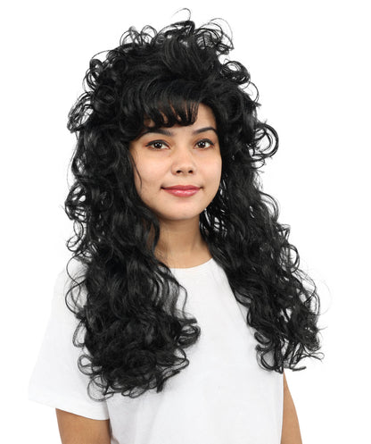HPO Women’s Long Curly Black Seduction Wig | Voluminous 80s-Inspired Costume Hairpiece for Halloween, Glam Rock, Disco, and Cosplay | Breathable Capless Cap Design