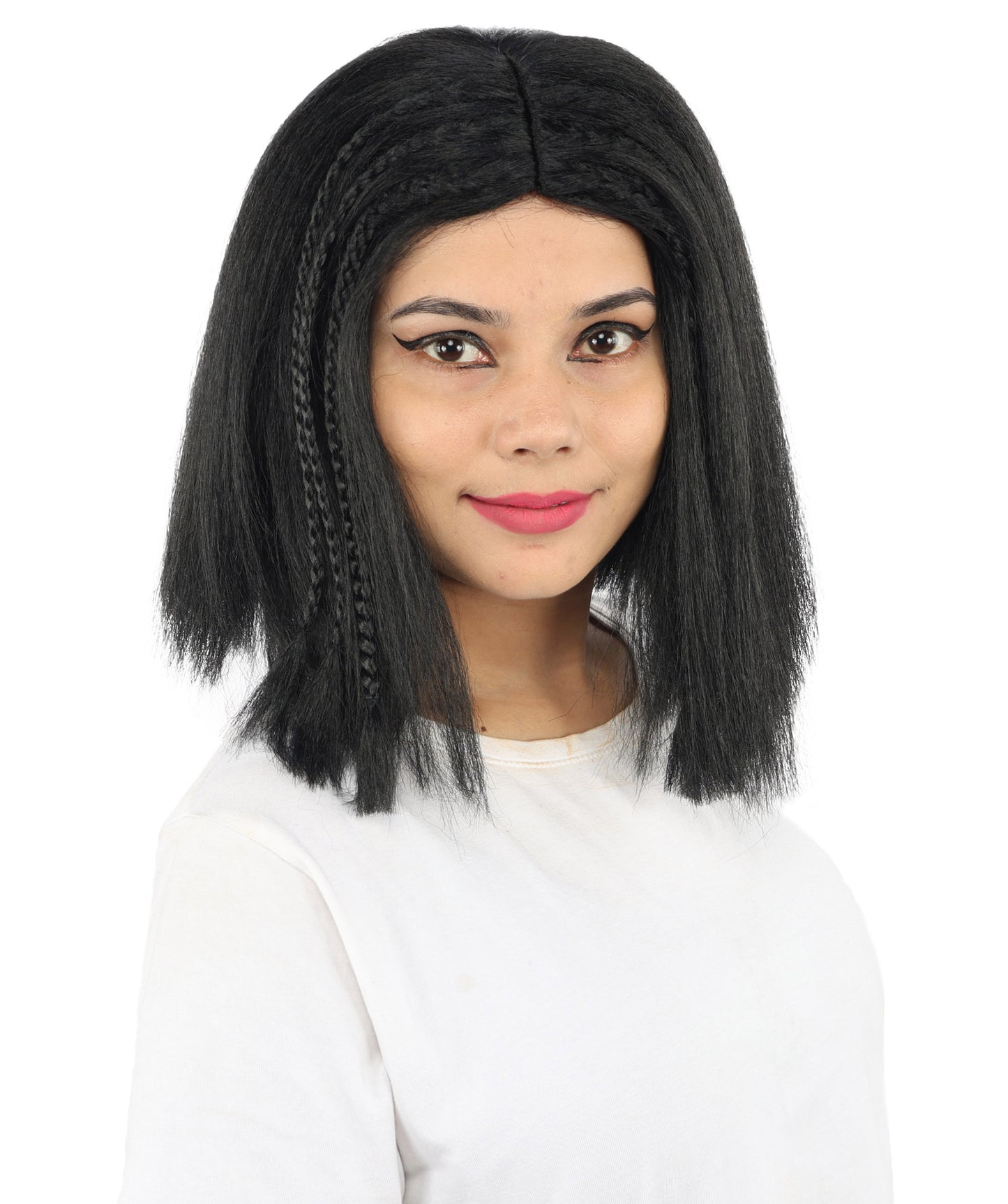 HPO Celebrity-Style 11 Inch Green Rooted Blonde Front Braided Straight Wig | Shoulder-Length Fun, Bold, and Stylish Hairpiece  | Ideal for Halloween, Cosplay, and Themed Parties