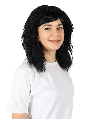 HPO Adult Women's 80s Shoulder Length Straight Black Crimp Wig| Halloween and Cosplay Wig | Flame-retardant Synthetic Fiber