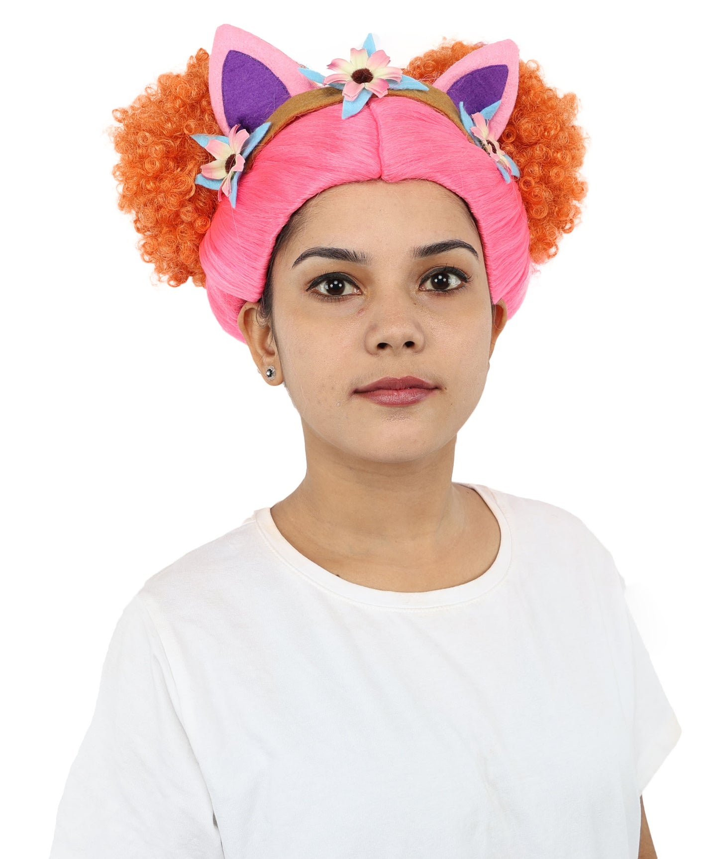 HPO Women's Whimsical Dollhouse Wig | Multicolor Curly Hairstyle with Cat Ear Headband | Hairpiece for Halloween, Cosplay & Parties