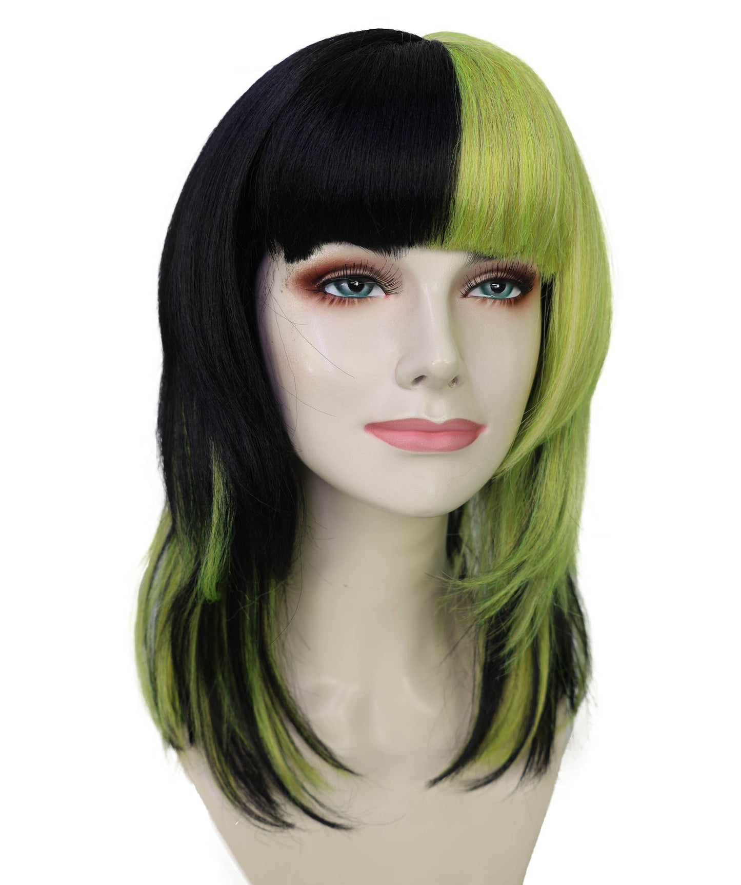 HPO Adult Short Lolita Straight Wig with Bangs for Women | Green & Black Highlighted Synthetic Wig | Breathable Cap for Daily Wear & Halloween Looks