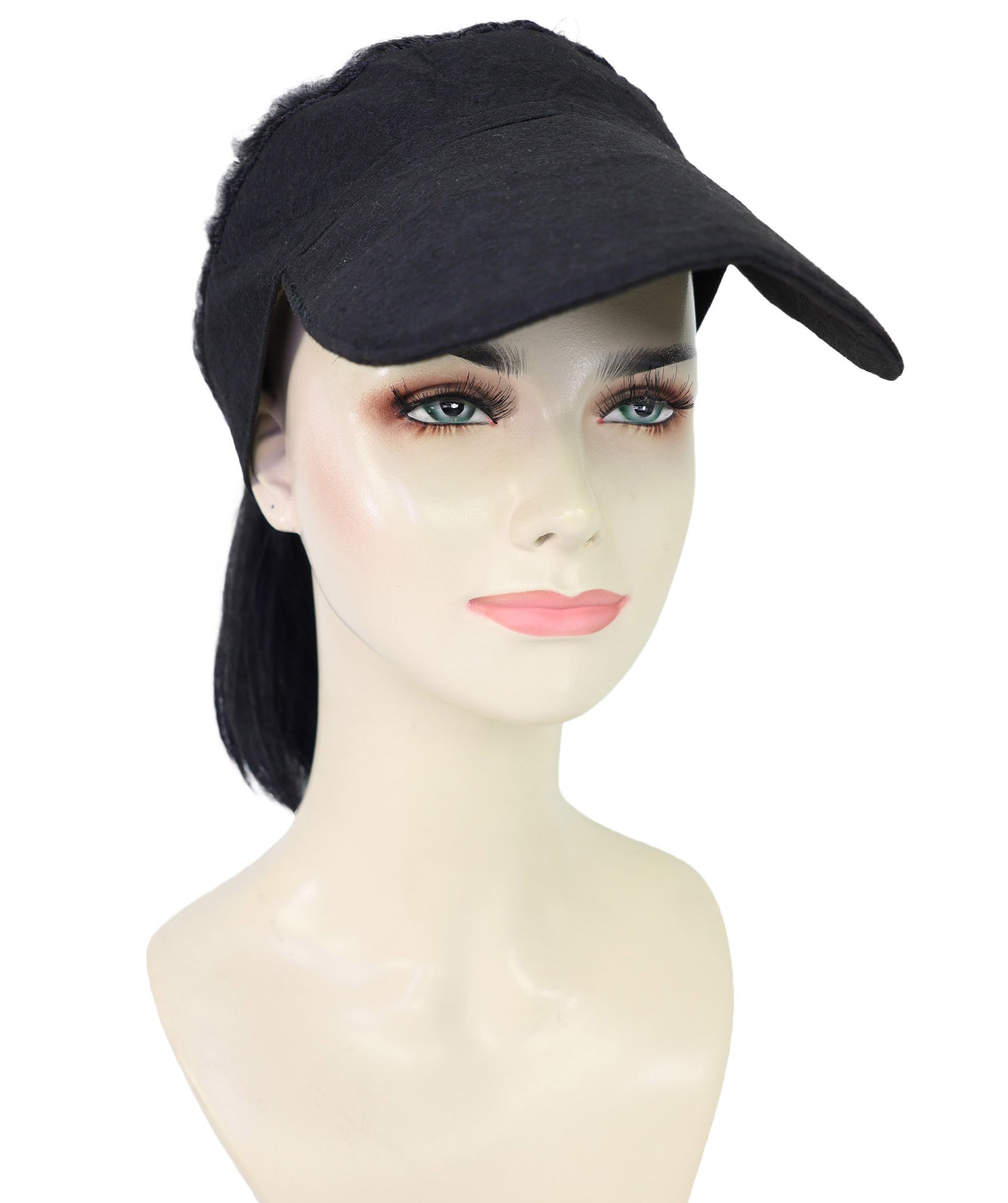 HPO Adult Women’s 16-Inch Synthetic Kinky Straight Ponytail Wig with Hat | Natural Black Fluffy Hair with Adjustable Straps | Ideal for Halloween | Breathable Capless Cap