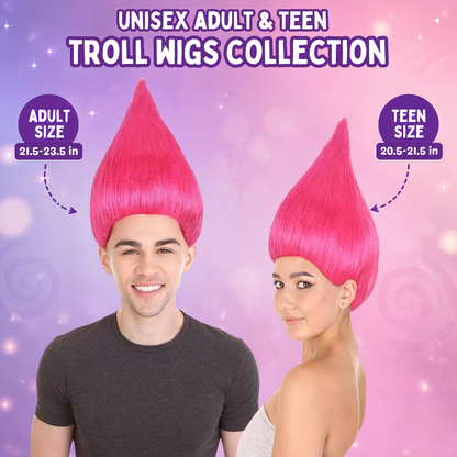 HPO Troll Neon Pink Wig Synthetic Costume Hairpiece Bundle Set for Adult & Teen - Tall Spiked Fantasy Upright Hairstyle With Bold Volume for Cosplay Events & Themed Dress-Up.