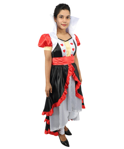 HPO Women’s Flirty Queen of Hearts Costume | Red, Black & White Dress with Crown Headband | Halloween, Cosplay, Stage Performances & Parties