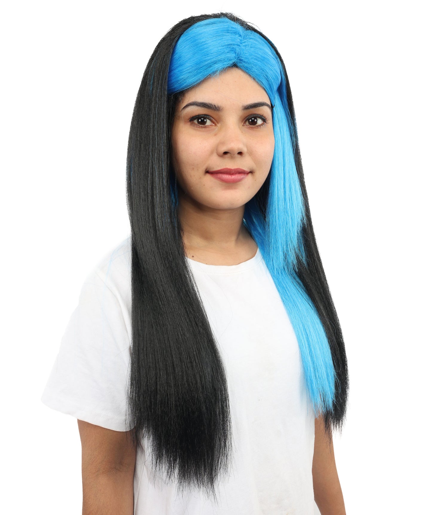 HPO Women’s Black & Royal Blue Long Marji-Inspired Wig with Soft Front Bangs | Art School Cosplay Wig | Breathable Synthetic Fiber for Halloween & Costume