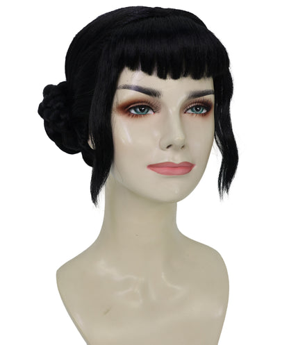 HPO Adult Women’s Popular K-Pop Demon Hunter Wig Black High Bun with Front Bangs | Halloween Wig | Futuristic Pop Star Warrior Look