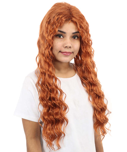 HPO Women's Long Deep Wave Wig | 28 Inch Copper Red Crimped Texture Synthetic Fiber | Party Halloween Cosplay Theater Drag Performance Costume Events