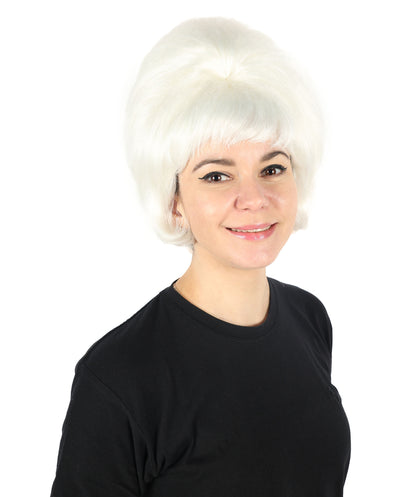 Women's Short and Groovy 60's Beehive Wig, 10" Inches Pure White Updo with Bangs Hair | HPO