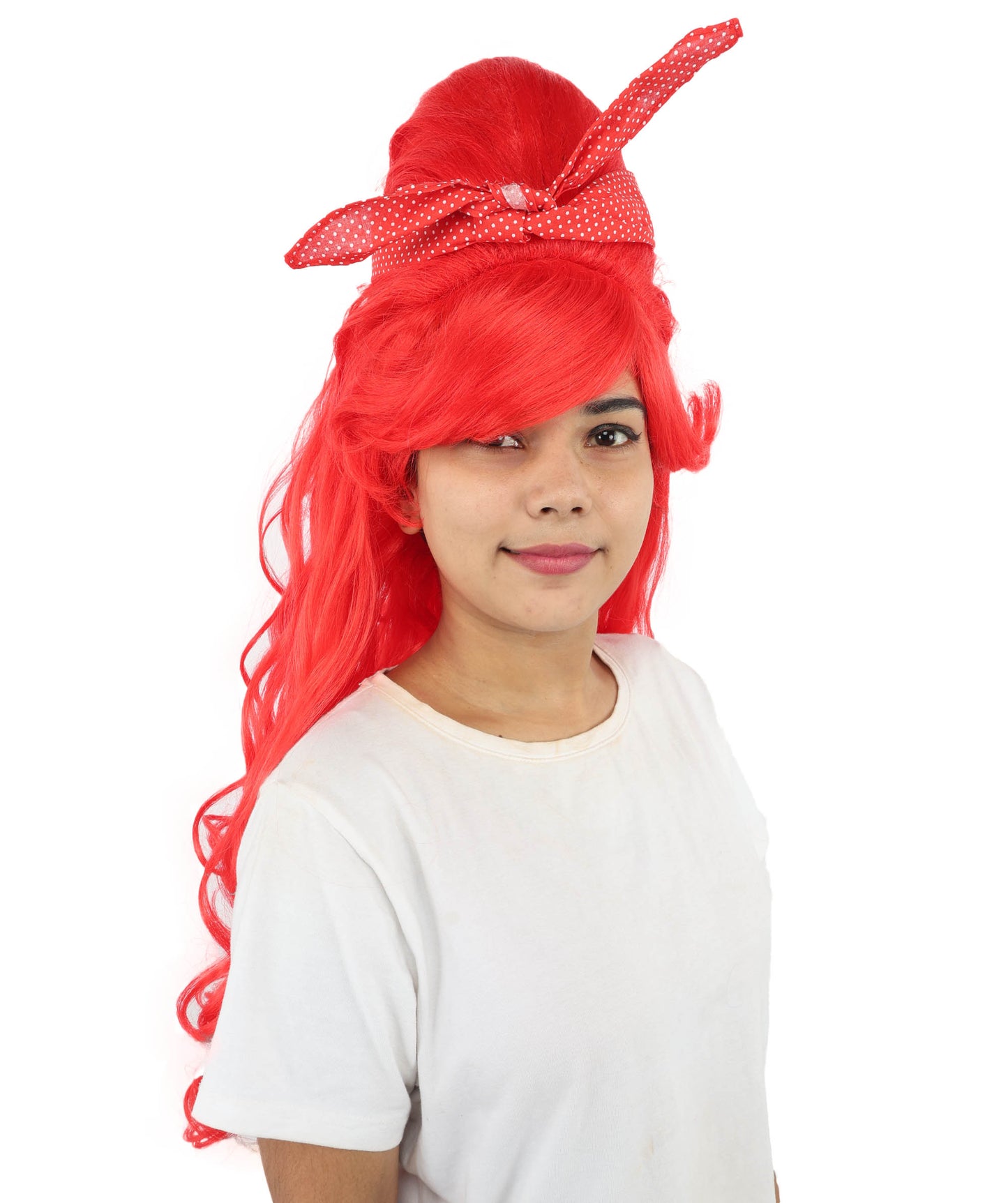HPO Women’s Retro Beehive Wig with Red Bow | Multicolor Options | Extra Long Wavy Fancy Dress Accessory | Fancy Dress Accessory | Celebrity-Inspired Hair for Halloween, Cosplay & Music Tribute Parties