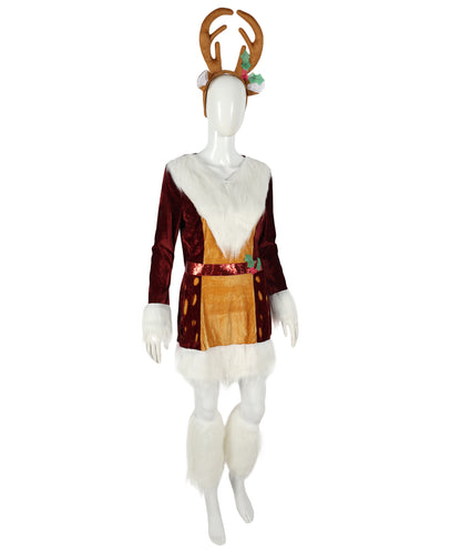 Adult Unisex Brown Reindeer Costume with Antlers and Tail | Plush Full Body Jumpsuit with White Belly | For Christmas, Holiday Parades, and Events