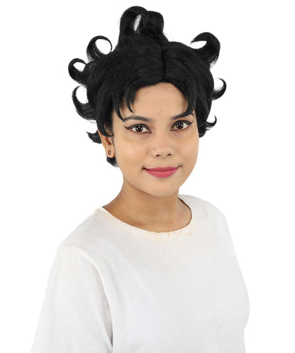 HPO Women's Vintage Pinup Curl Wig | Black synthetic fibers with structured ringlet loops and capless construction | Essential for theatrical stage Halloween drag performance and costume events