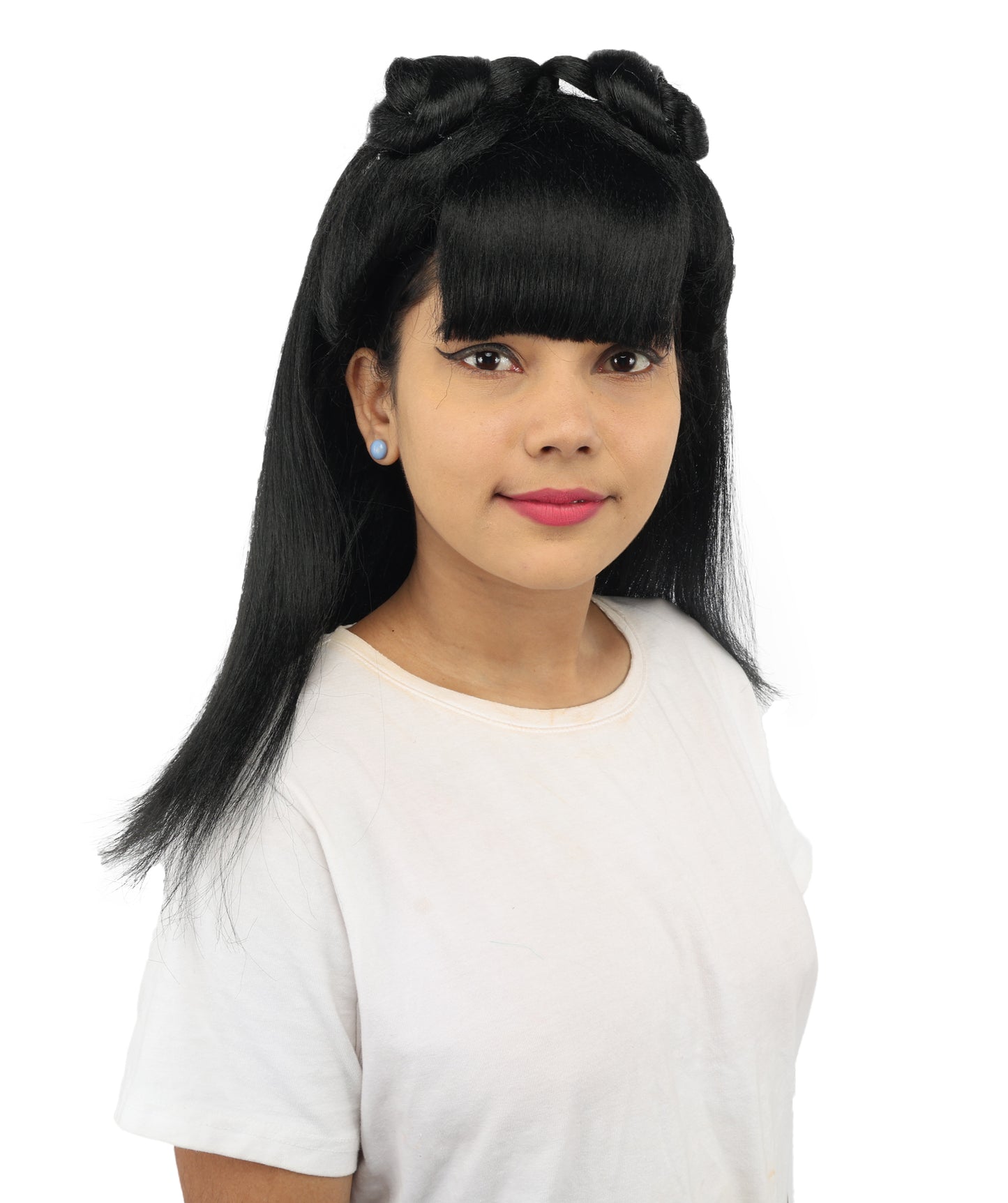 HPO Women's Brown & Pink Half Updo Bangs Wig | Create of synthetic fiber, blunt fringe with top bow, breathable base | Party, Halloween, theater, drag, performance, costume events