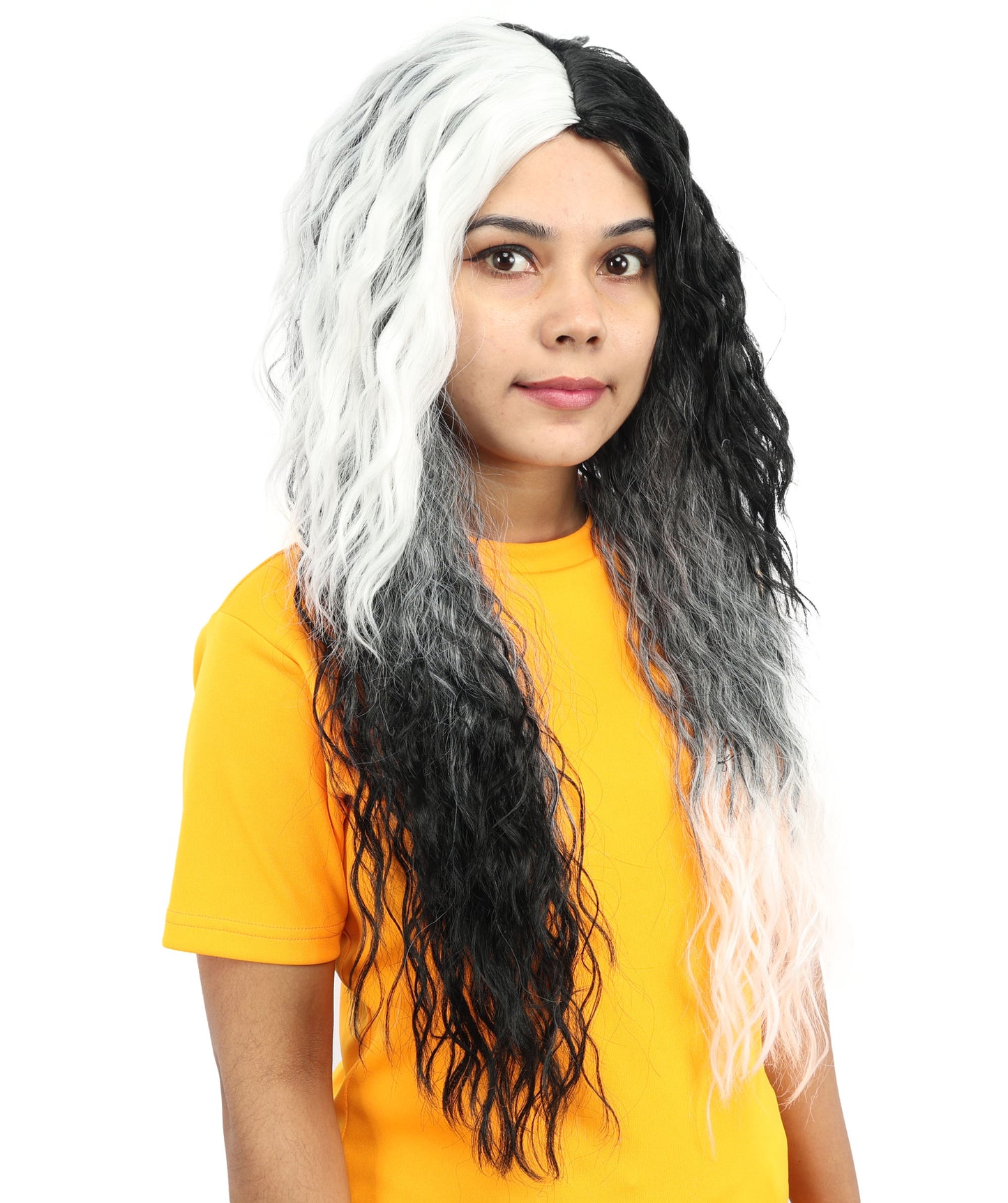 HPO Women’s Long Black and White Gothic Wig – 26 Inch Extra Long Wavy Two-Tone Hairpiece | Ideal for Halloween, Costume Parties & Themed Events
