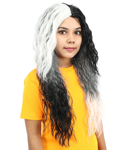 HPO Women’s Long Black and White Gothic Wig – 26 Inch Extra Long Wavy Two-Tone Hairpiece | Ideal for Halloween, Costume Parties & Themed Events